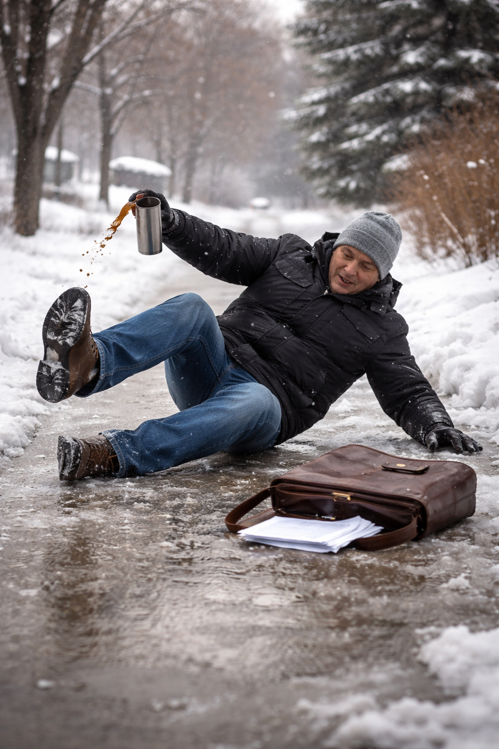 man slip and fall on ice with coffee and suitcase in winter